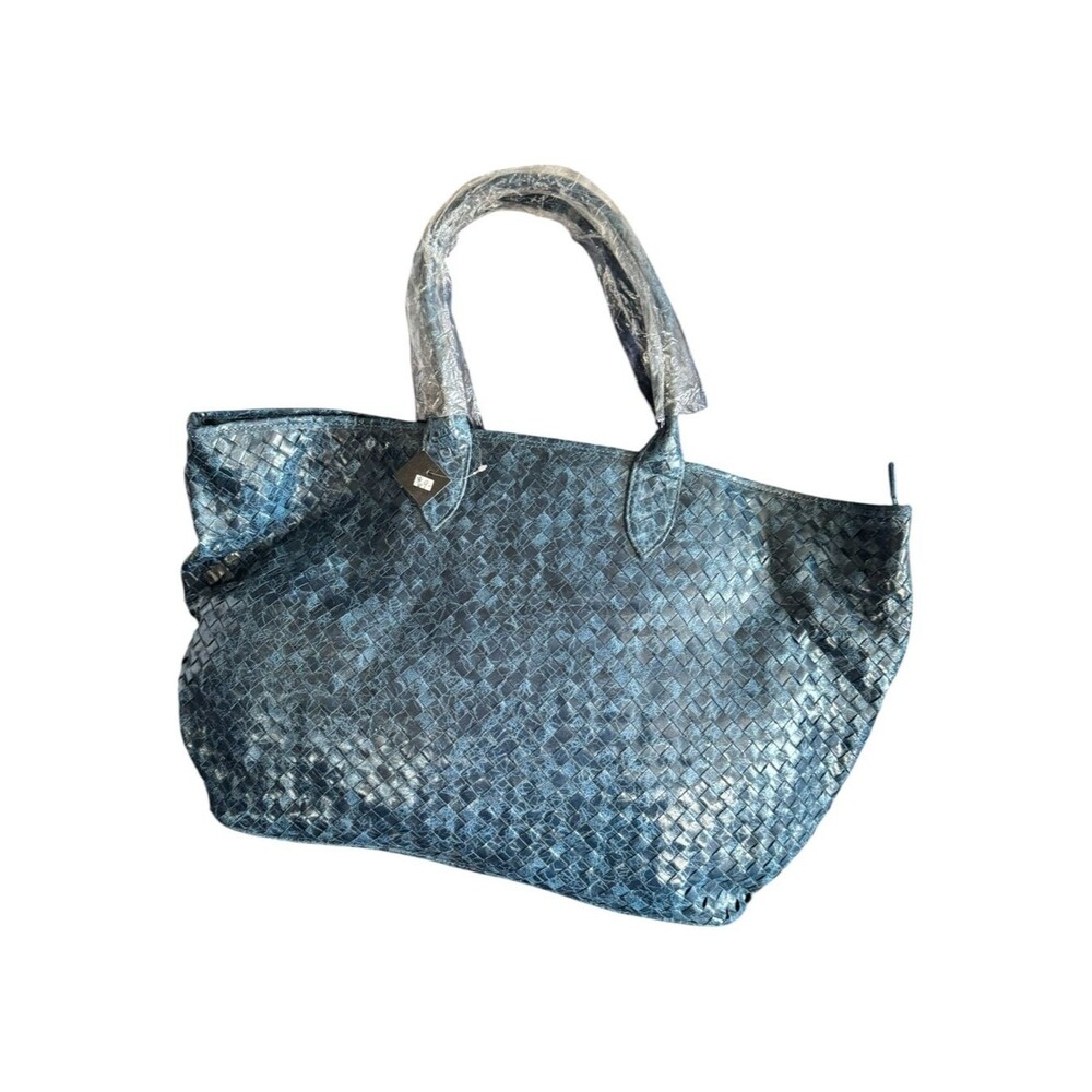 Woven Blue Leather Tote Bag - Women